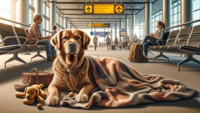 A relaxed dog lying on a familiar blanket in an airport terminal with its favorite chew toy beside it, showcasing effective travel preparation for pets.