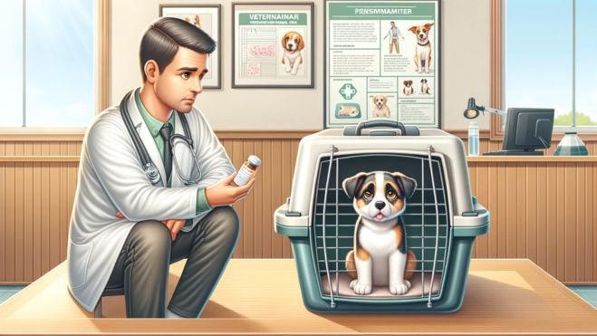 A dog looking anxious in a travel carrier at a vet's office, with the vet discussing medication options with the owner holding a prescription bottle.
