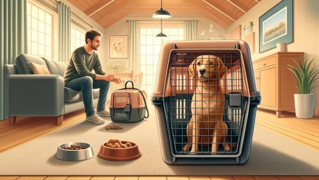 Dog being crate trained at home, looking calm and comfortable inside a travel carrier with toys and a water bowl nearby, while the owner offers treats.