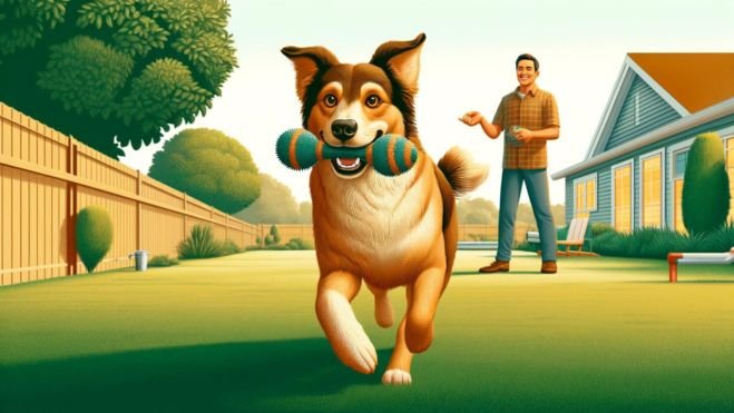 A dog playing fetch with its owner in a suburban backyard, running with a toy in its mouth and looking happy and energetic.