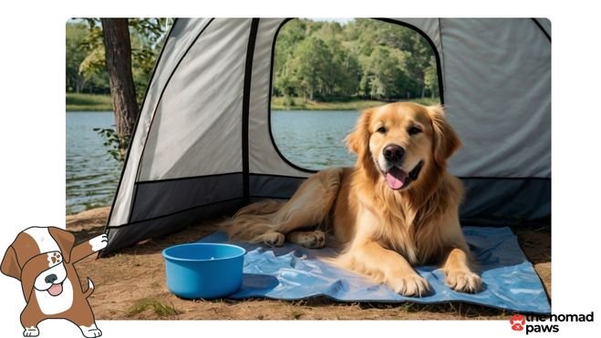 A panting golden retriever lying in a shaded tent, surrounded by a portable fan, cooling mat, and bowl of ice water, with trees and a lake visible through the tent's mesh window
