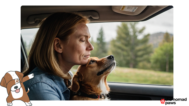 A concerned owner comforting their dog in the back seat of a car