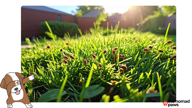 Neglected suburban backyard overrun with fleas and ticks among greenery.