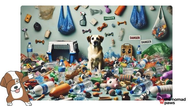 A dog in a mess of plastic bags, toys, and bottles, with a hint of warning signs or 'danger' flags around the objects.