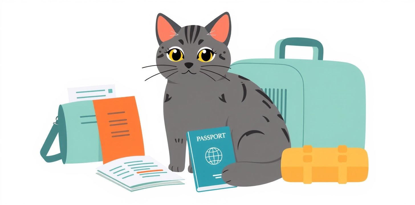 Cat next to travel documents and passport for airline pet policies