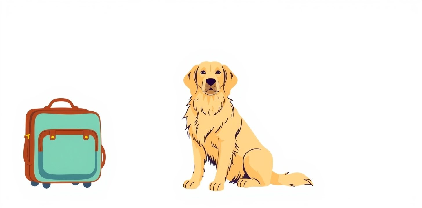 Golden retriever sitting next to luggage and pet carrier for cabin travel rules