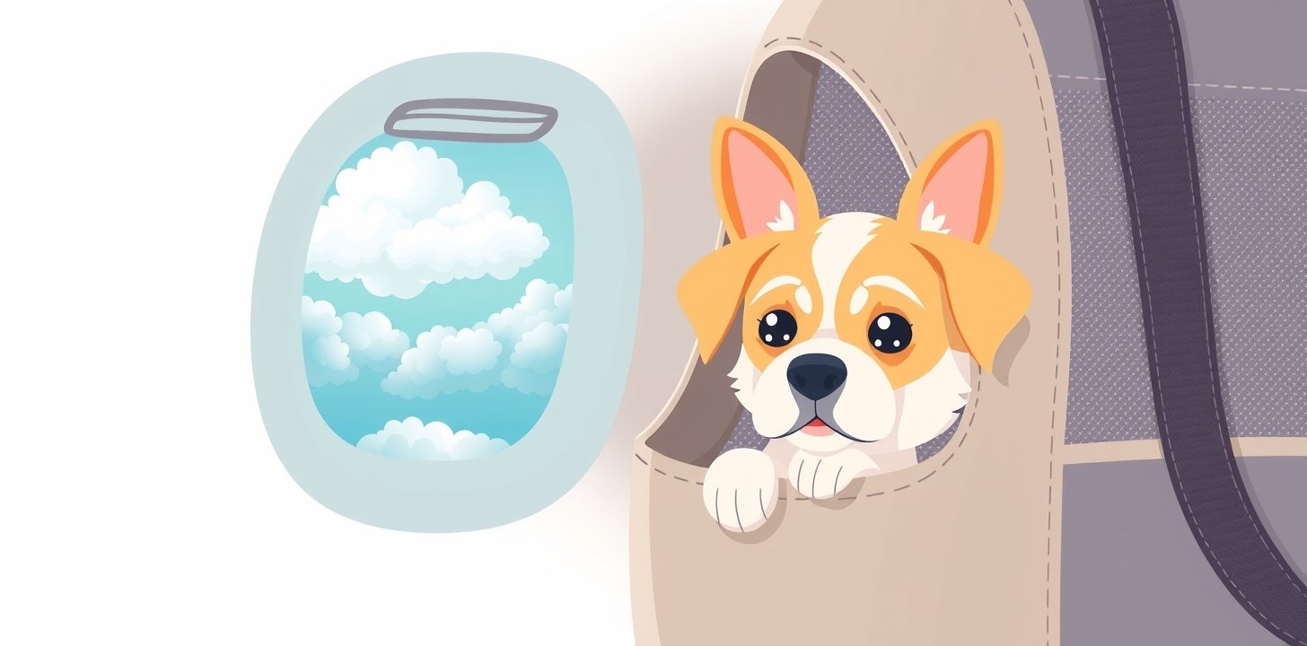 Small dog in carrier during airplane flight with clouds outside