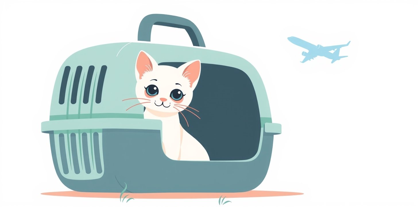 Small cat peeking out of a soft-sided pet carrier with airplane silhouette for international flights