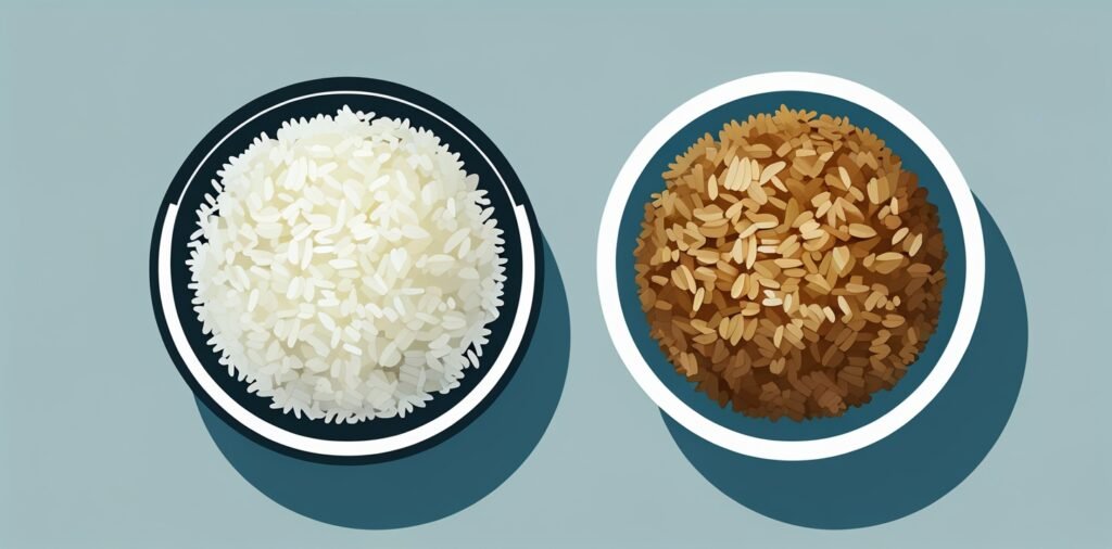 Visual comparison of white rice and brown rice to help determine if rice is good for dogs