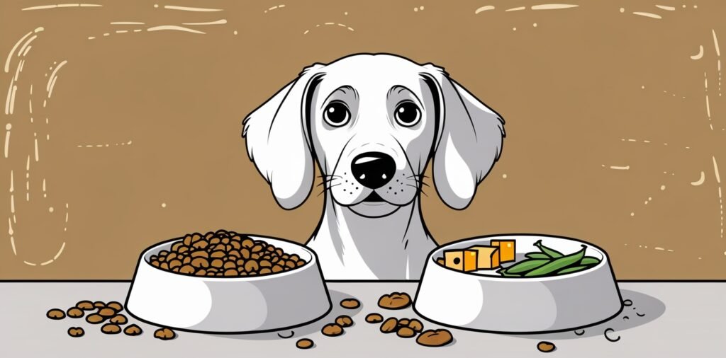 Dog choosing between kibble and balanced treats to learn what human foods can dogs eat within limits.