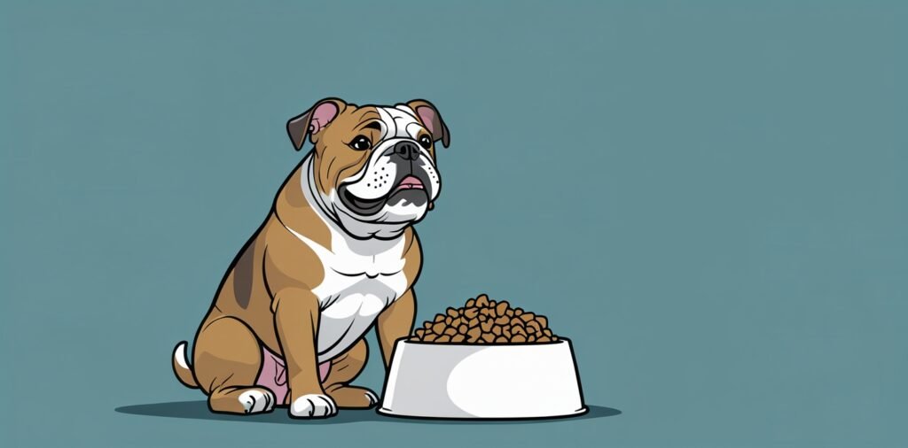 Bulldog sitting next to food bowl for best food for Bulldogs article