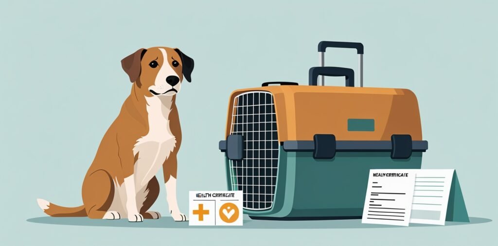Dog with travel documents and health certificate, illustrating EU pet travel requirements for Ryanair routes