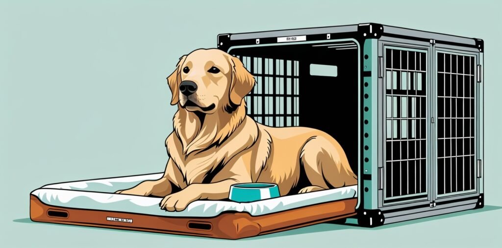 Large dog in hard-sided cargo crate for Emirates SkyCargo pet travel