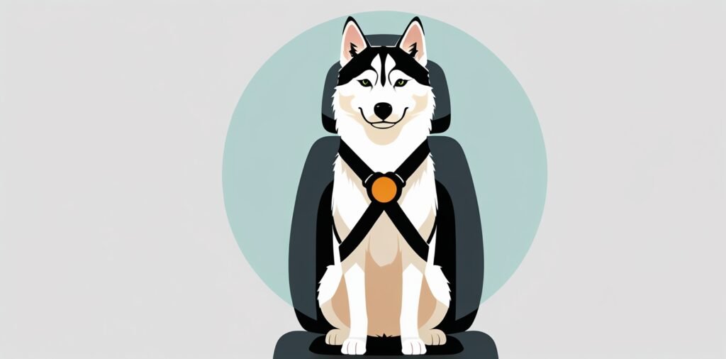 Dog restrained in a seatbelt harness for safe vehicle travel