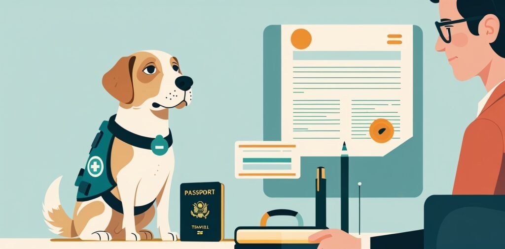 Service dog with travel documents and certification, showing required paperwork for Ryanair assistance dog policy