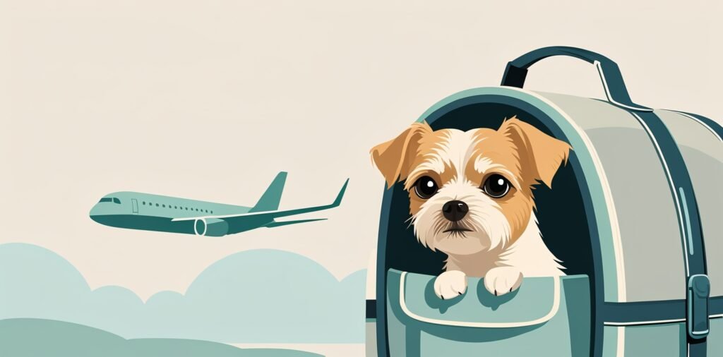 Calm small dog peeking from a carrier with airplane in background, illustrating dog shipping costs breakdown