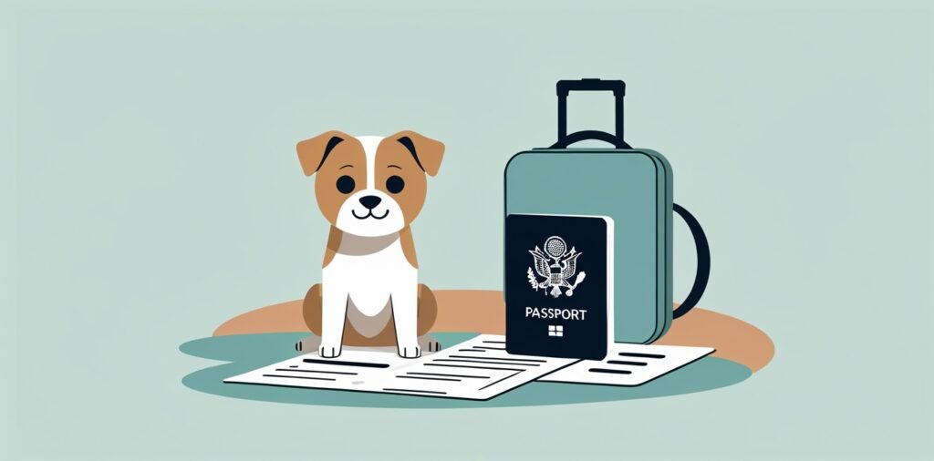 Dog with travel documents and pet passport for Ryanair airline pet requirements