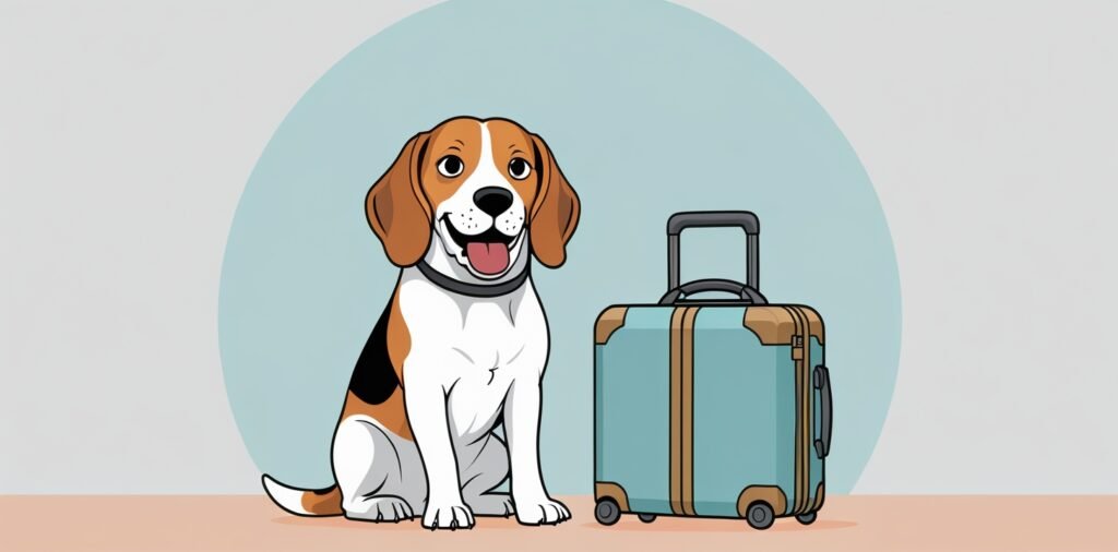 Dog with carrier and luggage ready for Emirates booking