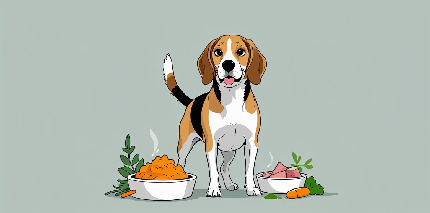 Beagle with food bowl and wholesome ingredients for nutrition science
