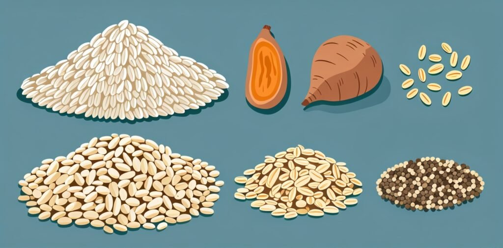 Rice alternatives for dogs including sweet potatoes, oats, and quinoa as carbohydrate sources