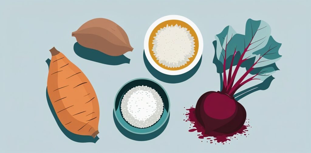 Common dog digestive health diet ingredients including pumpkin, sweet potato, rice, and fiber sources