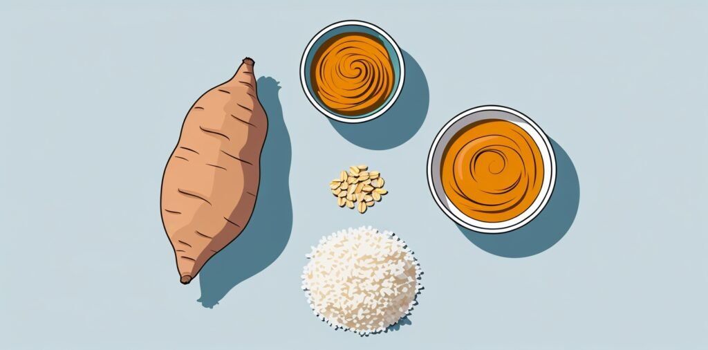 Common ingredients that support dog digestive health diet including sweet potato, pumpkin, rice, and oats