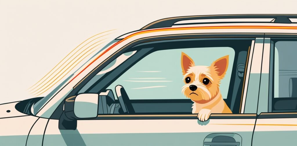 Small dog peering out of a parked car window, illustrating the risks of leaving pets in hot vehicles
