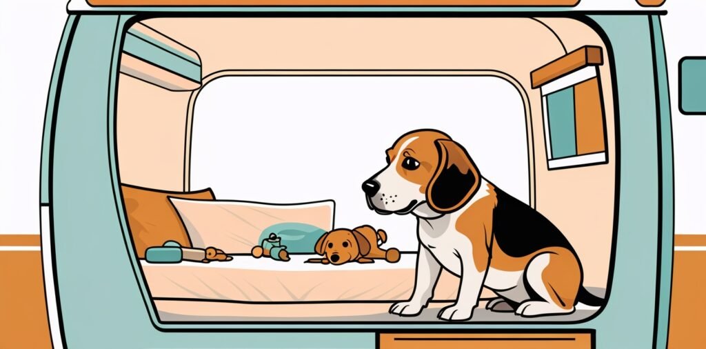 Dog exploring the comfortable interior of a travel trailer