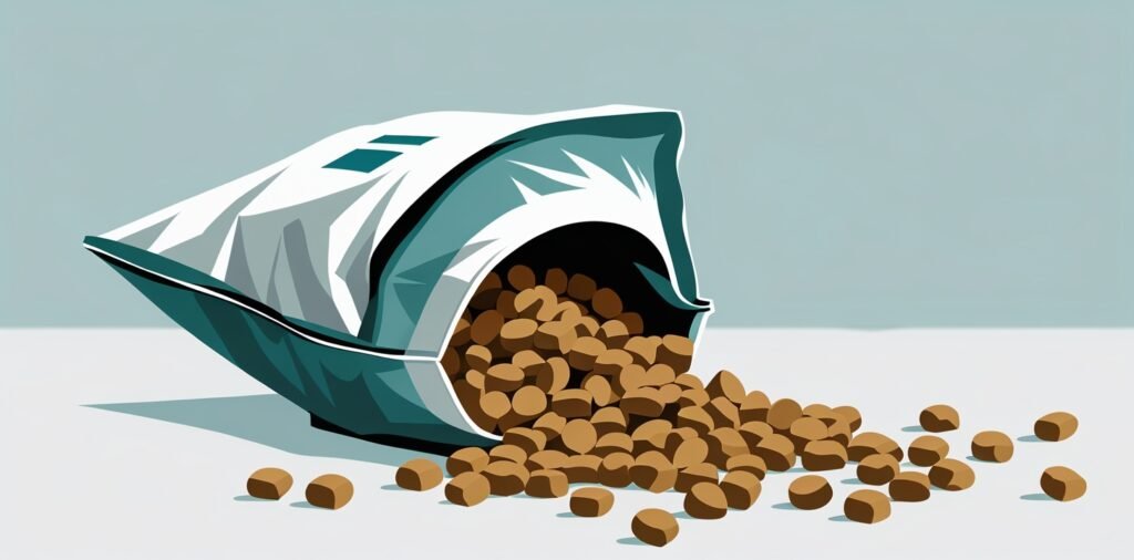 Dog food kibble spilling from a bag, illustrating the importance of dog food ingredient analysis