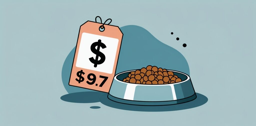 Dog food bowl with cost indicator, showing salmon vs chicken price comparison for dog nutrition