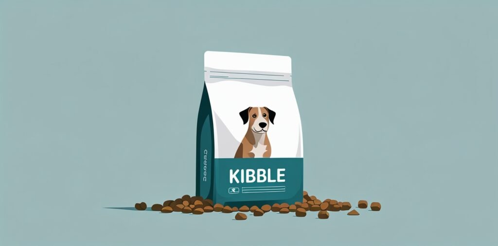 Dog food bag with kibble pieces, representing commercial dog food products that may contain BHA and BHT preservatives