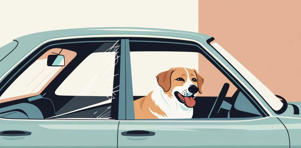 Dog panting in a car with a cracked window, showing why it doesn't prevent overheating