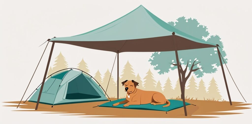 Dog resting in shade at campsite for summer camping heat management