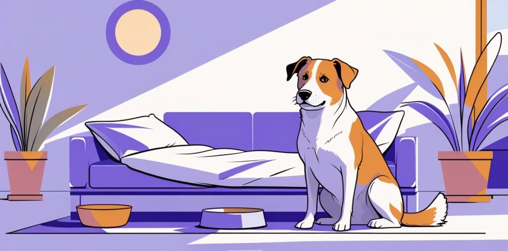 Dog settling into UK accommodation after traveling to UK with dog