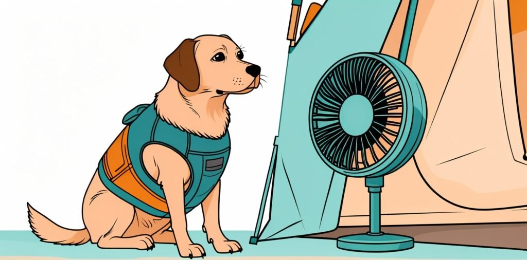 Dog in cooling vest with portable fan for active cooling during camping