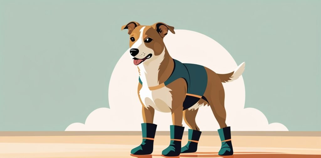 Dog wearing paw booties for protection on hot ground while camping