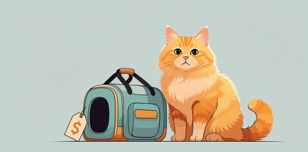 Cat with carrier and price tag representing Emirates pet fees