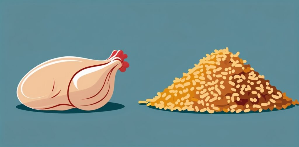 Comparison illustration of fresh chicken and chicken meal for dog food ingredient analysis