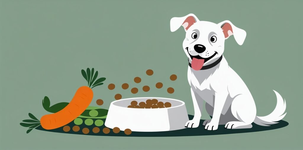 Illustration of a happy dog enjoying homemade dog food safety basics with kibble, meat, and vegetables.