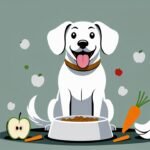 Friendly dog enjoying safe human foods that dogs can eat, sitting by a bowl with apples, carrots, and chicken.