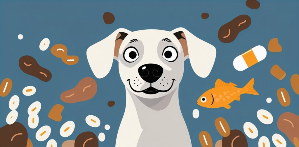 Dog comparing micronutrients in homemade dog food safety with grains, fish, and supplements.