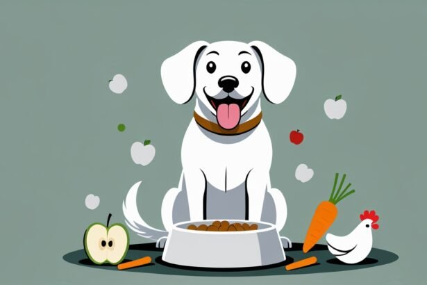 Friendly dog enjoying safe human foods that dogs can eat, sitting by a bowl with apples, carrots, and chicken.