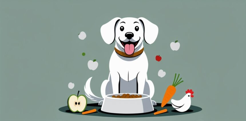 Friendly dog enjoying safe human foods that dogs can eat, sitting by a bowl with apples, carrots, and chicken.