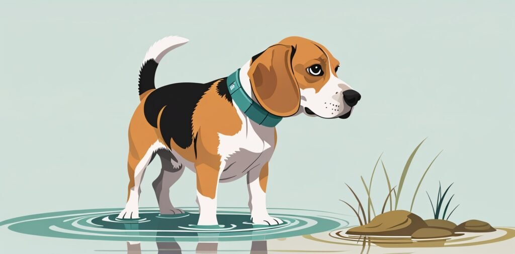 Beagle with waterproof flea and tick collar near water