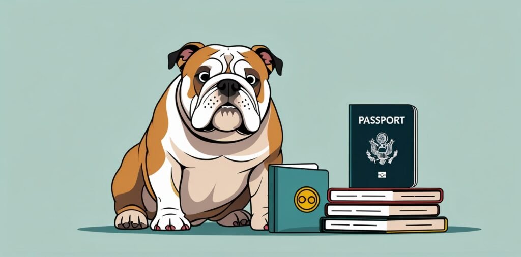 Dog beside travel documents for legal considerations when traveling