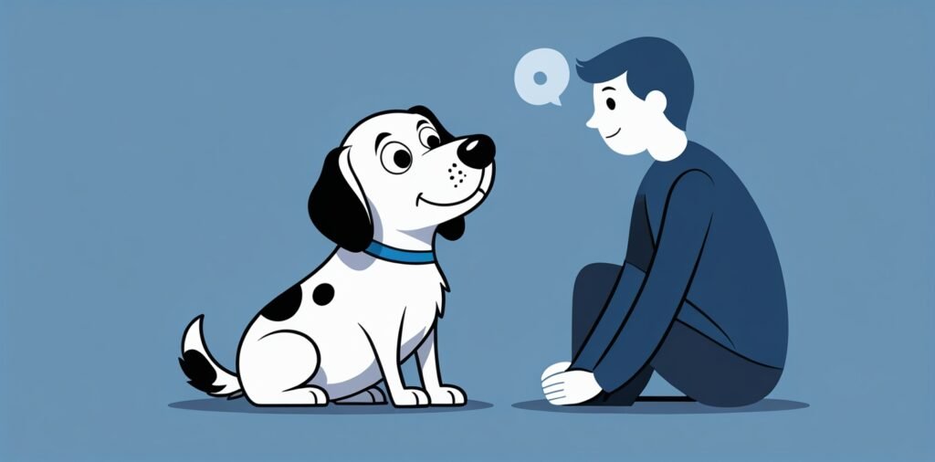 Dog burying head in owner showing normal relaxed behavior