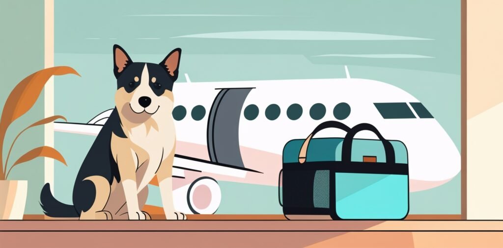 Service dog at airport check-in counter with owner, demonstrating proper Ryanair pre-boarding procedures