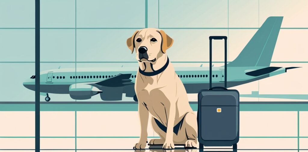 Dog at airport for Emirates check-in and procedures
