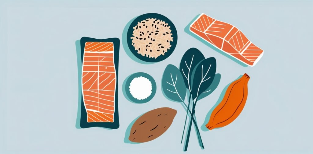 Key nutrients for Bulldogs including salmon, brown rice, and sweet potato