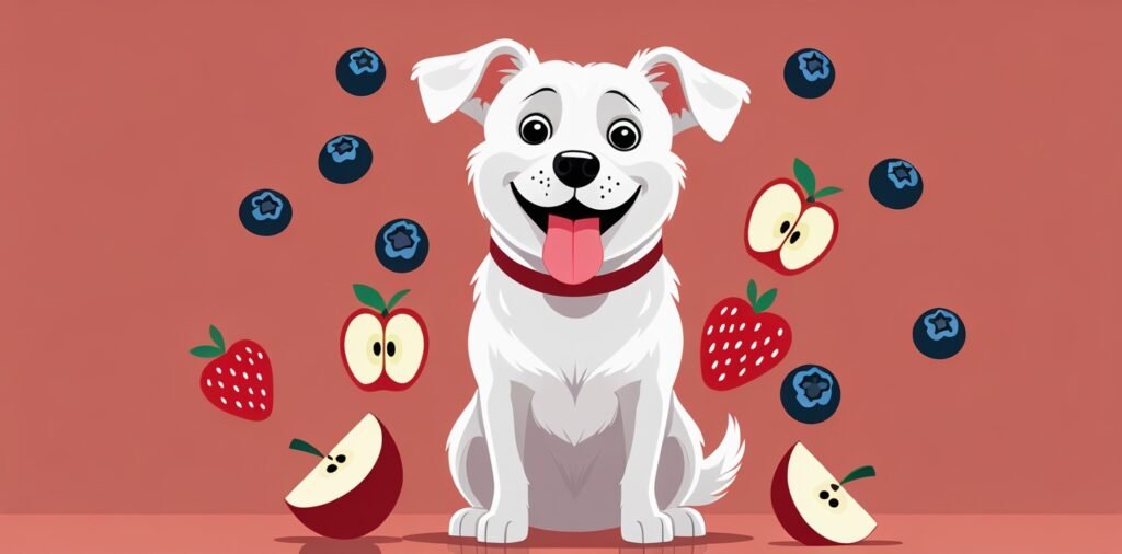 Happy dog surrounded by safe fruits like apples and blueberries that human foods can dogs eat.